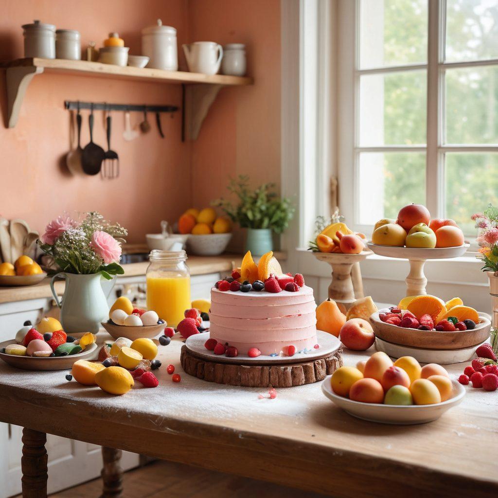 A whimsical kitchen scene featuring a rustic wooden table adorned with simple ingredients like flour, sugar, eggs, and fresh fruits, surrounded by vibrant baking tools and a freshly baked cake. Artistic flourishes of swirling batter and colorful dessert elements float in the air, symbolizing creativity and transformation. The warm, inviting colors evoke a sense of sweetness and warmth. soft pastel colors. illustration style.