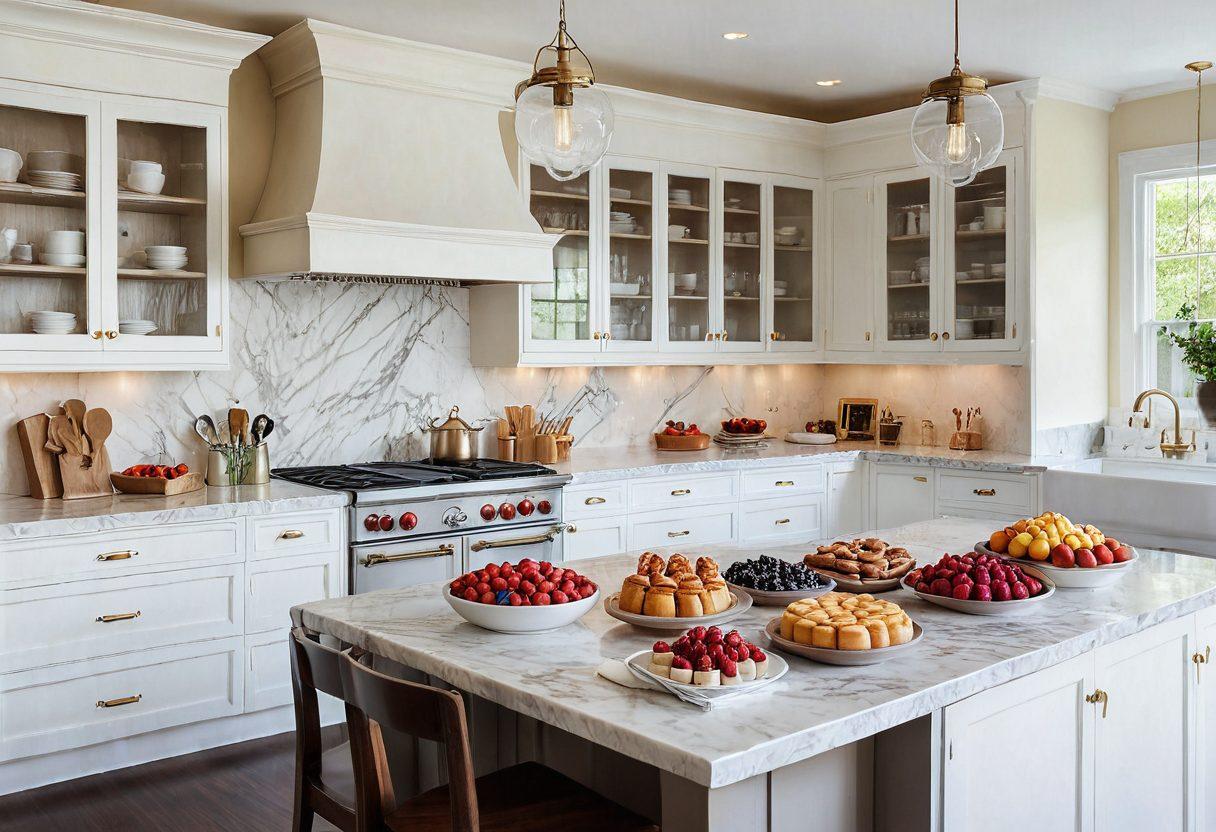 A cozy kitchen filled with bright, natural light, showcasing a variety of exquisite pastries artfully arranged on a marble countertop. Include a chef in a white apron, skillfully piping cream onto a decadent cake, surrounded by fresh ingredients like berries and chocolate. The ambiance should evoke a sense of warmth and creativity, with soft pastel colors enhancing the inviting feel. watercolors. soft lighting. vibrant colors.