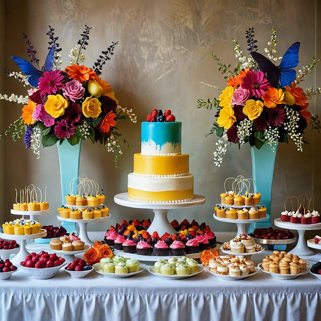 A beautifully arranged dessert table showcasing an array of stunningly presented desserts, each one a work of art, with vibrant colors and intricate garnishes. Incorporate elements like delicate flowers, artistic plating, and soft lighting to create an inviting atmosphere. Include background hints of a modern kitchen setting, emphasizing the journey from dough to delightful treats. soft focus. vibrant colors. elegant modern style.